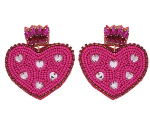 ORECCHINI PENDENTI SAN VALENTINO CUORE ROSA CALDO STRASS REGINA DI CUORI SEMI AIUOLA - Foto 1 di 1