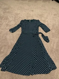 Vestido Ralph Lauren Verde Blanco Lunares Jersey Midi Cinturón Talla 12 Mangas Abullonadas - Imagen 1 de 8