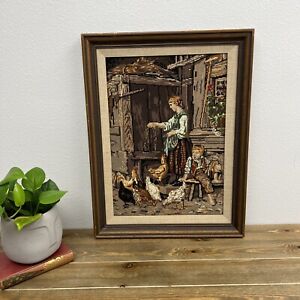 Vintage framed Needlepoint workday in the chicken Barn