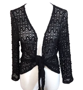 Chico's Travelers Cardigan Open Knit Tie Front Black 3/4 Sleeves Size 3 (XL) - Picture 1 of 7