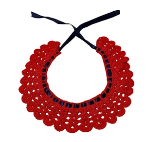 Vintage Handmade Crochet Collar Red Round Neck w Navy Blue Ribbon Cottagecore - Picture 1 of 8