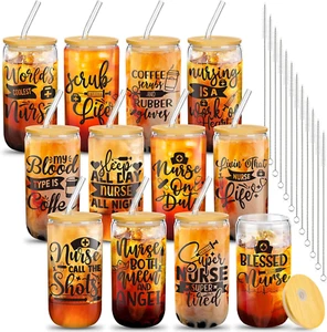 12 Pcs Nurse Gifts for Women 16 Oz Can Shaped Glass Cups with Lids and Straw Fun - Picture 1 of 7