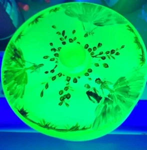 Vintage Satin Vaseline grün drei Fächer handbemalt Schmuckkästchen Uran  - Bild 1 von 15