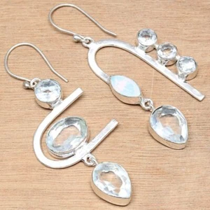 White Solar Quartz Gemstone Gift For Her Silver Jewelry Earrings 1.5'' - Picture 1 of 7