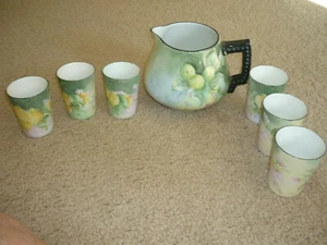 ANTIGUA JARRA DE LIMONADA/SIDRA PINTADA A MANO + 6 VASOS, INICIALIZADA POR ARTISTA, 19 - Imagen 1 de 8