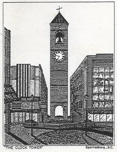 1987 The Clock Tower Spartanburg SC PLUMA Y TINTA TARJETA DE NOTA RICHARD KIRBY G1 - Imagen 1 de 3