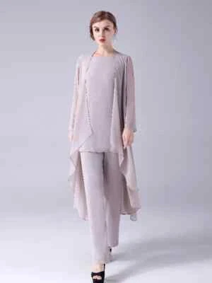 Tres Piezas Traje Madre de la Novia Chifón Talla Grande Formal Vestido Pantalones Conjuntos Foto 1 de 4