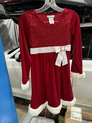 Bonnie Jean Dress Girls Size 12.5 Red Velvet Sequins Fur Christmas Party Holiday - Image 1 of 4