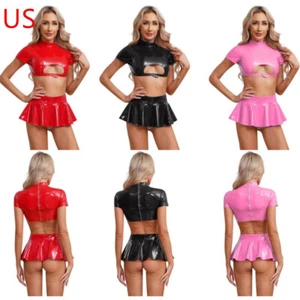 Women's Hollow Out Crop Top Sexy Mini Skirt PVC Leather Lingerie Set Clubwear - Picture 1 of 40