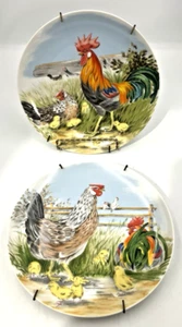 2 VTG Farm Rooster Chicken Hen with Chicks Porcelain Plate w/Spring Hanger Japan - Picture 1 of 9