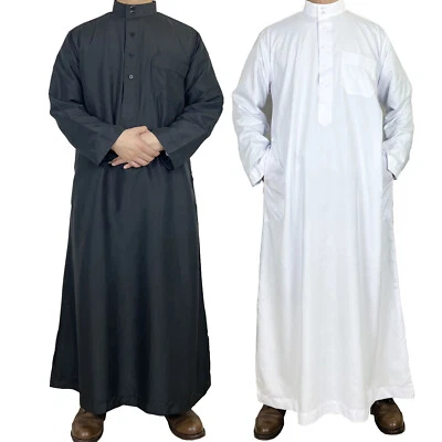 Abito musulmano uomo islamico manica lunga abaya Thobe caftano abbigliamento arabo saudita - Immagine 1 di 4