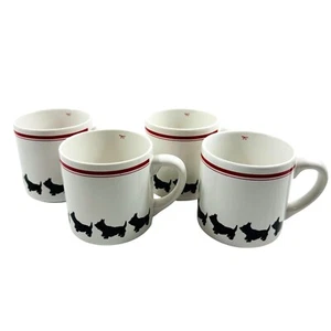 Ceramic Mugs Black Scottish Terrier Dog Pattern & Red Stripe Set of 4 - Picture 1 of 8