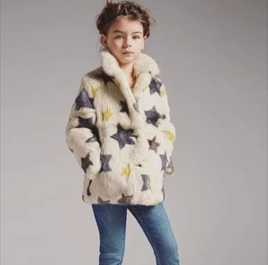 YVES SALOMON Enfant Rabbit Fur Star Pattern Coat Girl's Size 6 NWOT - Picture 1 of 9