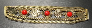 VINTAGE GOLD TONE & TOMATO RED ACCENT MULTI-STRAND CHAIN BRACELET H909 - Picture 1 of 11
