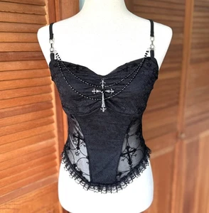 Gothic Lolita Victorian Vampire Vkei EGL Black Lace Cross & Chain Cami Top M - Bild 1 von 8