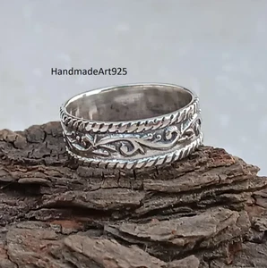 925 Sterling Silver Flower Band Ring, Handmade Solid Silver Band Ring, All Size - Picture 1 of 9