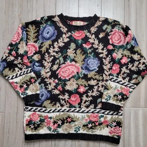VTG Womens Crystal Kobe Chunky Knit Floral Sweater Size Large Crewneck Grandma - Picture 1 of 7