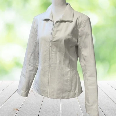 WILSONS кожаная куртка женщин маленький белый молнии натуральной кожи в горошек с подкладкой - Изображение 1 из 4