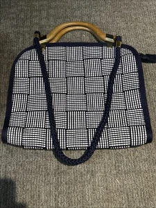 Hecho en Italia Cartera Bolso de Hombro Hobo Cartera Azul Marino Blanco Estampado Tweed - Imagen 1 de 7
