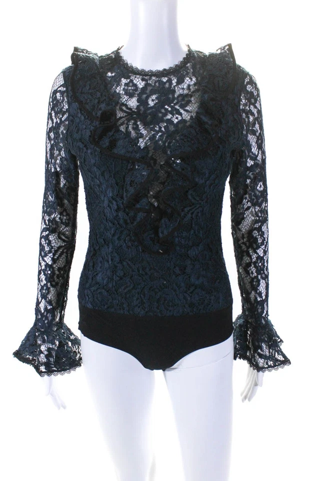 Alexis 女式长袖蕾丝荷叶领紧身衣裤深棕色 S 码 — 第 1/4 张图片