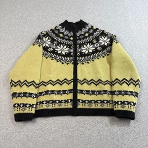 Nordic Design Wool Sweater Woman Medium Yellow Black Snowflake Cardigan Jacket - Picture 1 of 10