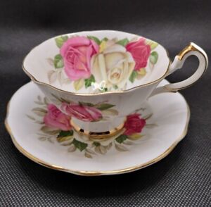 Queen Anne Tea Cup & Saucer Lady Sylvia Bone China Roses England Gold Guilt