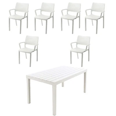 Set 6 Sedia con braccioli e tavolo da giardino in resina bianca effetto legno pe - Immagine 1 di 4