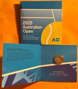 2025 Women’s Australian Open $2 Privy Mark Coloured UNC Coin in Folder - Opened - Picture 1 of 2