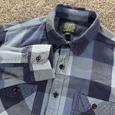 J Crew Sporting Goods Flannel Mens Large Blue Camp Shirt Button Up Plaid Pockets - Image 1 of 4