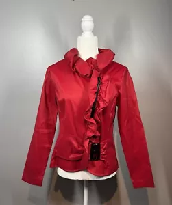Samuel Dong Fantastical Rich Red Jacket Size Medium Puff Collar Ruffle Belted - Picture 1 of 13