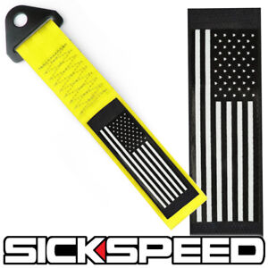 YELLOW AMERICAN FLAG HIGH STRENGTH RACING TOW STRAP FRONT REAR TOW HOOK STARS