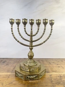 Antique Brass Menorah Candle Holder 7 Branch Judaica Hexagon vintage heavy 10.5” - Picture 1 of 24