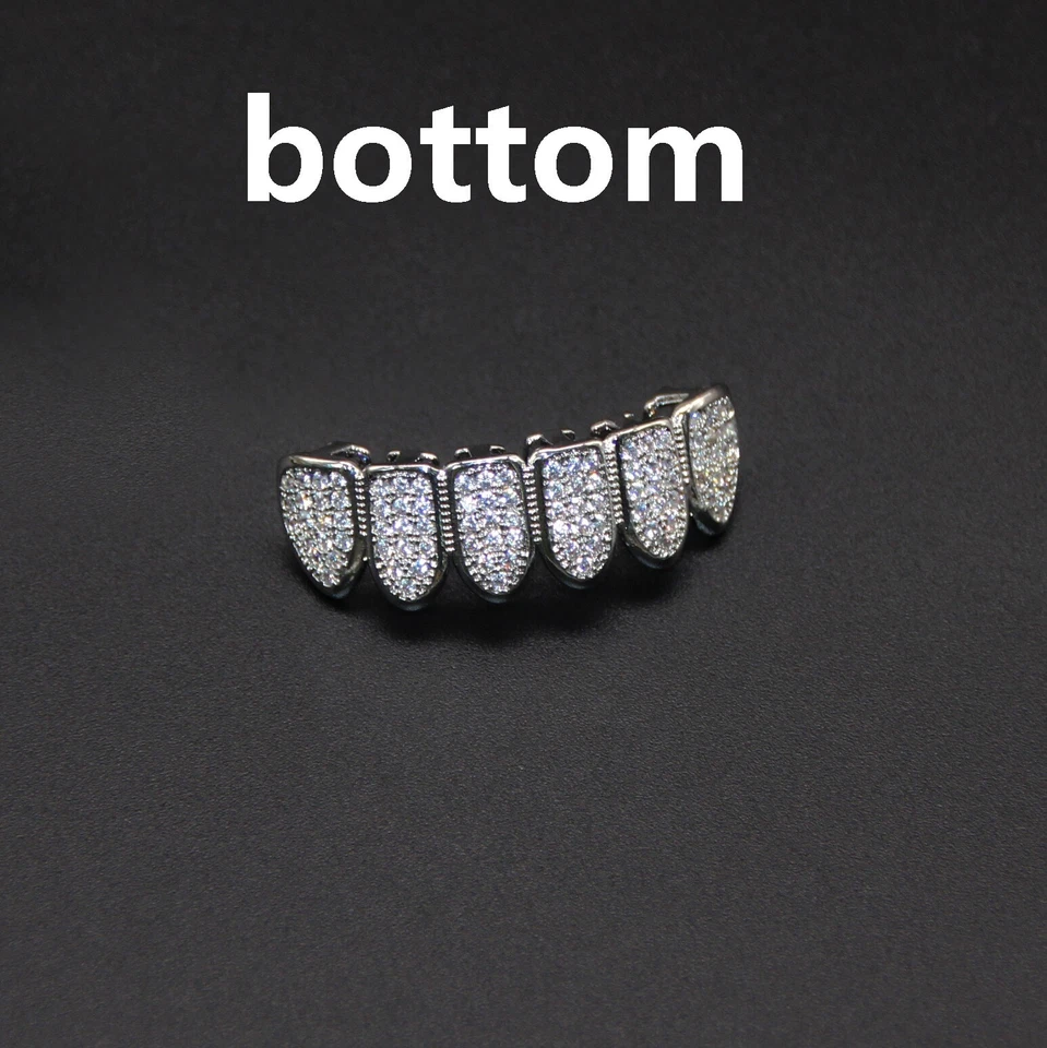 White Gold Plated Hiphop Teeth Grillz Top Bottom Mouth Diamond Grills Set Custom - Image 1 of 4