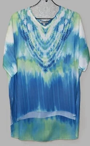 Jess & Jane Tunic Womens Large Swimsuit Cover Up Blue Green Tie Dye High Low Hem - Picture 1 of 8