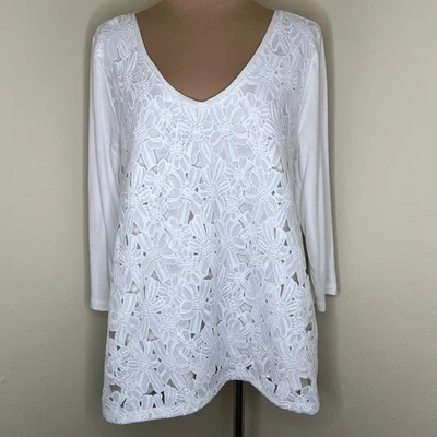Top J. Jill XL Mujer Guipur Encaje Frontal Modal Algodón Cuello en V Floral Manga 3/4  Foto 1 de 4