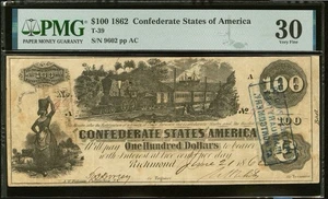 T-39 1862 $100 Confederate States Civil War Charleston Banknote Currency, PMG 30 - Bild 1 von 6