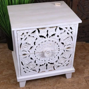 Sohani Wooden Carved Bedside Table Cabinet Distressed White Home Decor Bedroom - Picture 1 of 8