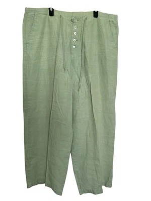 Chadwicks女式12P绿色100%亚麻裤子弹性抽绳带纽扣门襟 — 第 1/4 张图片