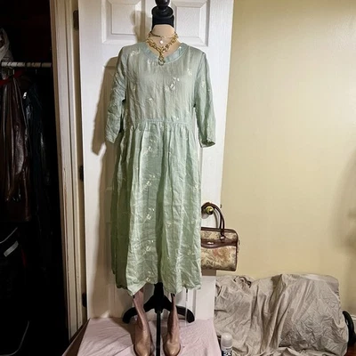 Nuevo Vestido Wms Lino Lagenlook Caprichoso Floral Boho Abeja Bordado Plisado Midi L Foto 1 de 4