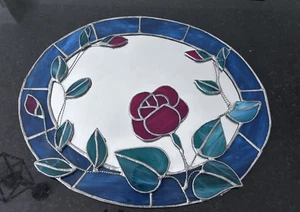 Espejo rosa vitral vintage ovalado 18"x14" hecho a mano con plomo azul verde azulado rojo - Imagen 1 de 9