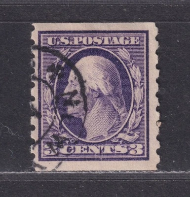 United States Scott 394 Used 1911 3¢ Deep Violet Coil Perf 8½ Vertically SCV $65 - Image 1 of 2