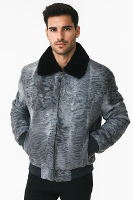 Abrigo de piel persa estilo bombardero cuello de piel de visón real de piel de cordero Karakul real gris Foto 1 de 4