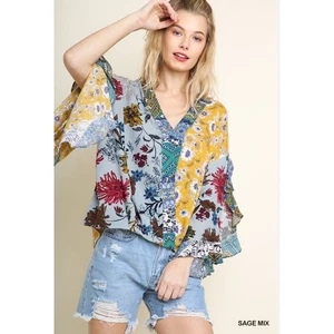UMGEE Multicolor Floral Mixed Print Boho Ruffles Sleeve Top Women's Size Large - Picture 1 of 9
