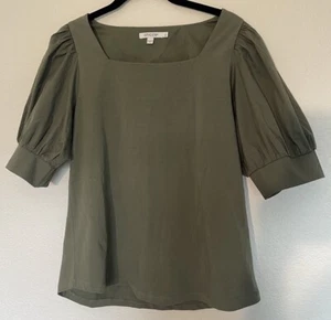 Chico’s Blouse Green Puff Short Sleeves Stretch Square Neck Size 1 M - Picture 1 of 6
