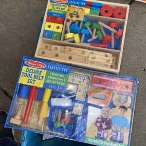 lot of Melissa & Doug Deluxe Tool Belt Set 5 Wooden Tools 8 Building + 48 pcs - Picture 1 of 4