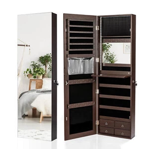 Mirror Jewelry Cabinet 96 LED Lights Door Wall Mounted Armoire w/ Makeup Rack - Picture 1 of 11