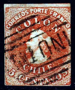 CHILE 1857 5c COLON ESTANCOS PRINTING Chile #9c Scott # 9 SG 18/22  Watermark 3 - Picture 1 of 2