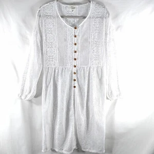 Ava James Swim Suit Cover Up Women M White Crochet Mesh Wood Buttons Long Sleeve - Picture 1 of 10