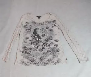 Rock Republic T-Shirt Womens Size L Taupe Rhinestone Skull Roses Long Sleeve Tee - Picture 1 of 13