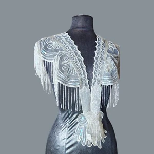 NWT Rina Iridescent Sequin Glass Beaded Bridal Formal Gatsby Shrug Shawl Cape - Picture 1 of 9